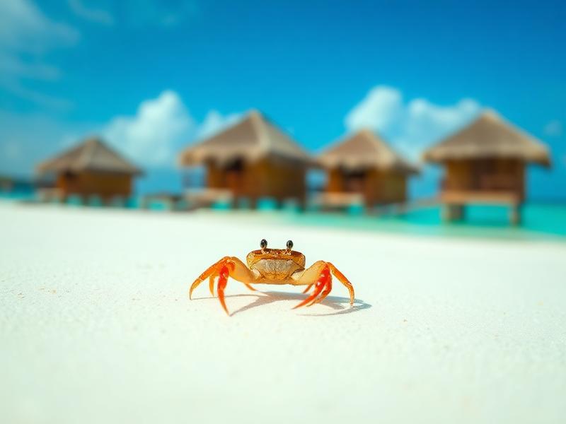Tropical beach with overwater huts