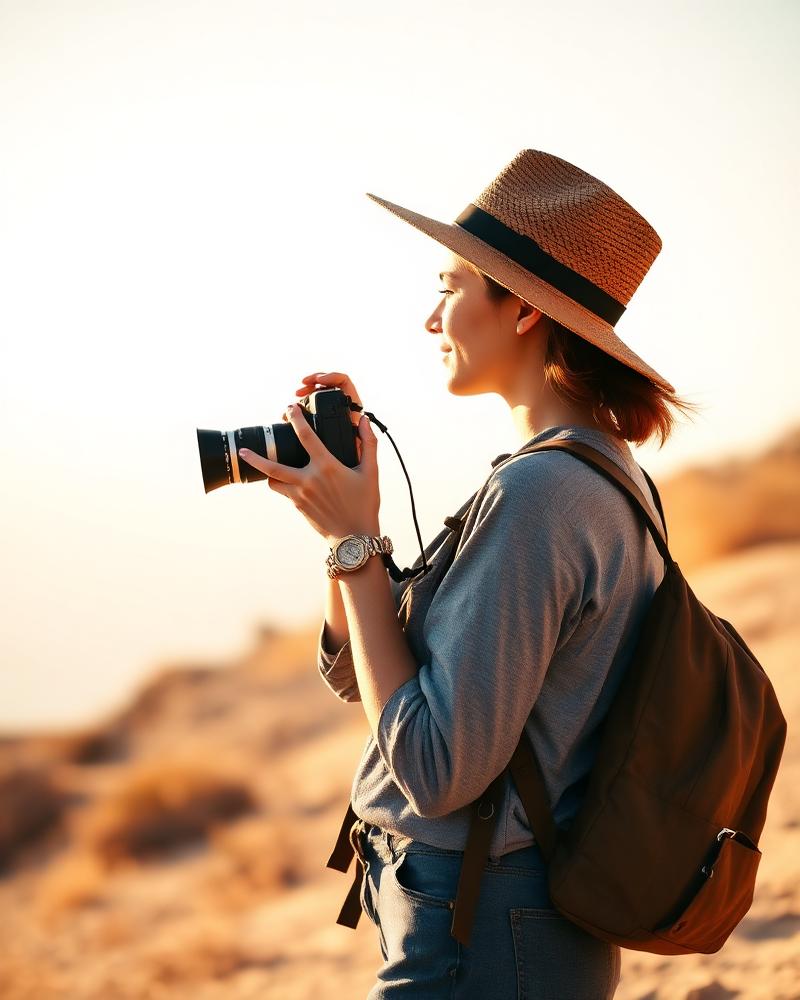 Traveler with camera at golden hour