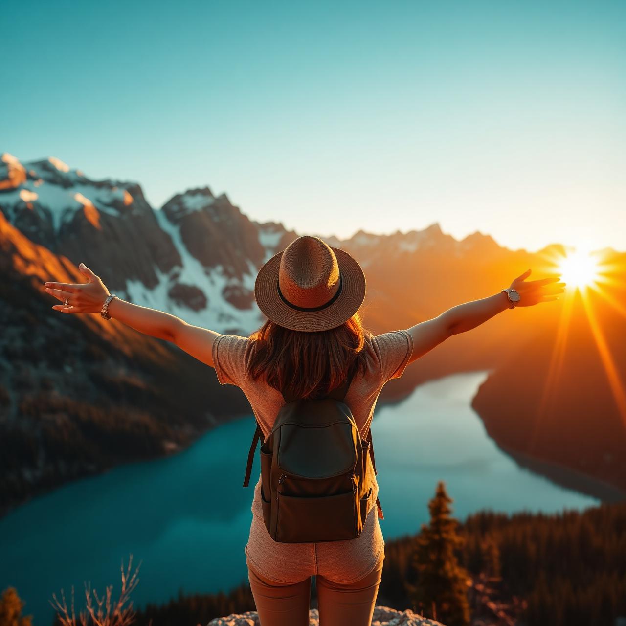 Traveler with arms wide open at a mountain viewpoint